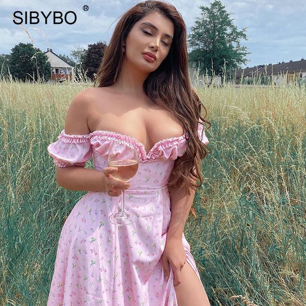 

sibybo pink floral print summer party dresses elegant ruffles split long dress women off shoulder boho dress vestidos 2021, Black;white