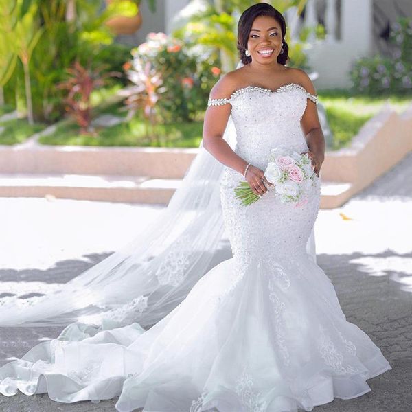 

off the shoulder lace plus size mermaid wedding dresses crystal beaded appliques sweep train corset back african bridal gowns, White