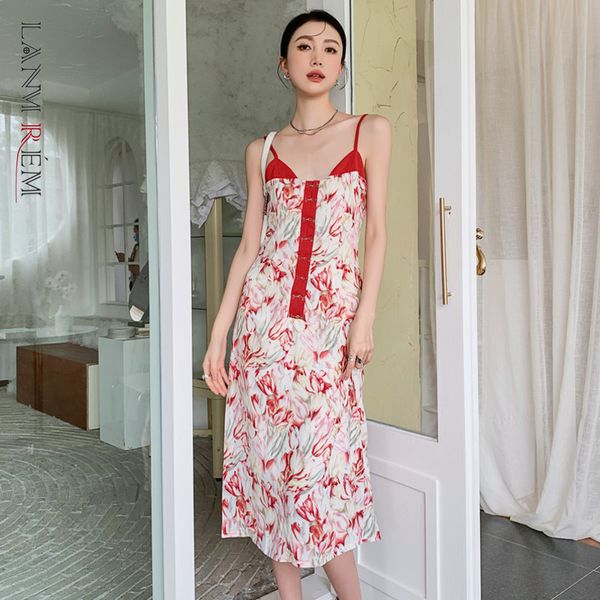 

women sling dress print sleeveless v-neck high waist floral dresses temperament loose fit fashion summer 2h814 210507, Black;gray