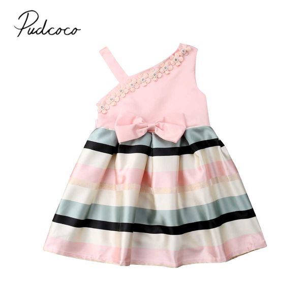 2019 Brand New Princess Infant Kid Baby Girl Abito formale Una spalla Bowknot Pearl Floral Striped Color Pink A-Line Dress 3-9Y Q0716