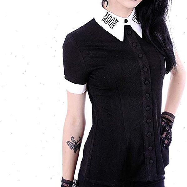 

moon print punk black women blouses v neck button down short sleeve g6, White