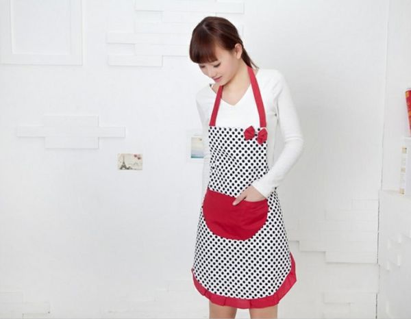 

aprons cute bowknot dot women kitchen restaurant bib cooking with pocket