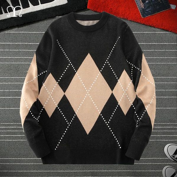 

men's sweaters mens geometric sweater streetwear harajuku hip hop vintage retro knitted 2021 autumn cotton pullover outwear male brand, White;black