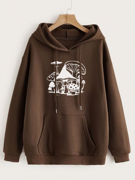 

mushroom print drop shoulder kangaroo pocket drawstring thermal hoodie 30th#, White;black