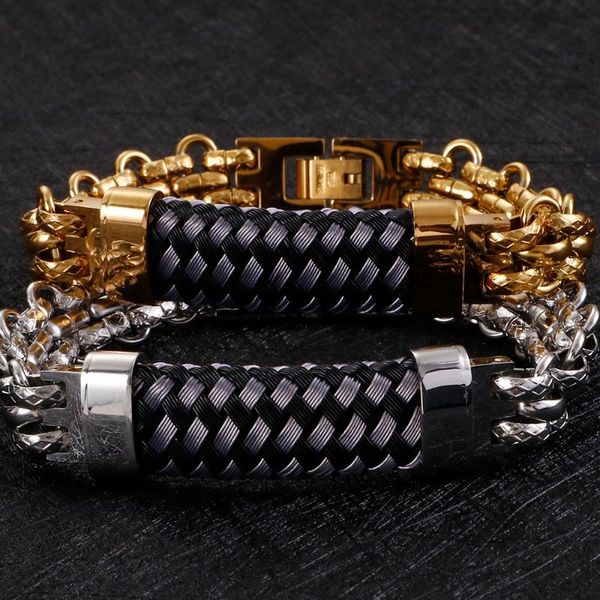 

vintage gold black braided stainless steel vikings bracelets for men friends accessories fashion mens biker chain link,