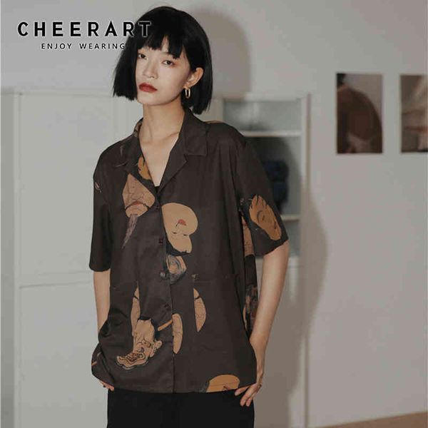 

musashi ukiyoe japanese streetwear woman blouses shirts short sleeve button down shirt aesthetic summer clothes 210427, White