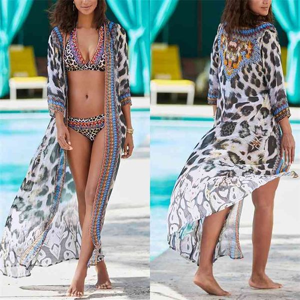 Praia Kaftan Imprimir Leopardo Swimsuit Cobertura Chiffon Robe Sarong Pareo Biquini Tampa Túnica Para Vestidos Mujer 210629