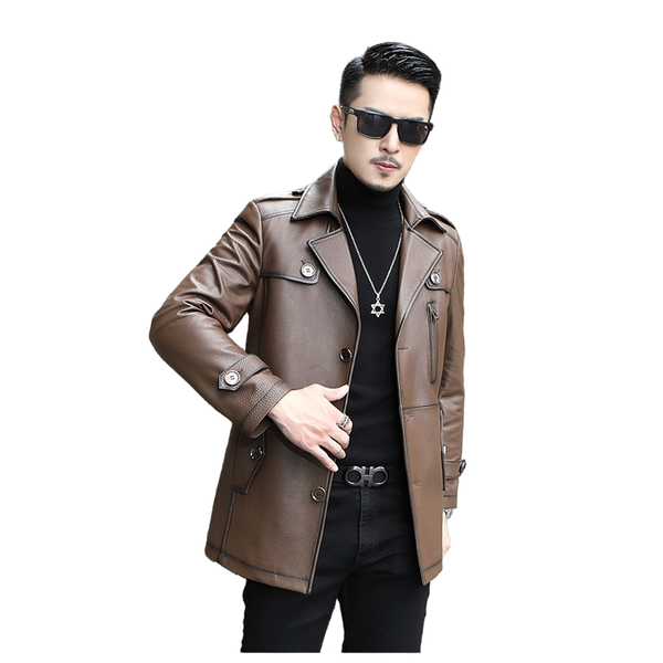 

men's leather & faux suit spring and autumn the first layer cowhide medium length trench genuine windbreaker thick down coat, Black
