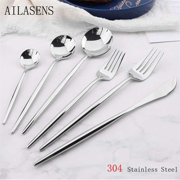 AILASENS 24PCS Tableware Set Серебро Высокое Качество Зеркало 304 Нержавеющая Сталь Нож Вилка Ложка Столовые посуды Сейфные Столовые приборы Набор 21112