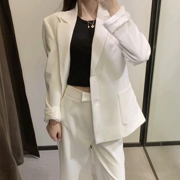 

women's suits & blazers women vintage solid white office lady jacket female notched collar long sleeve double button pocket casual fash, White;black