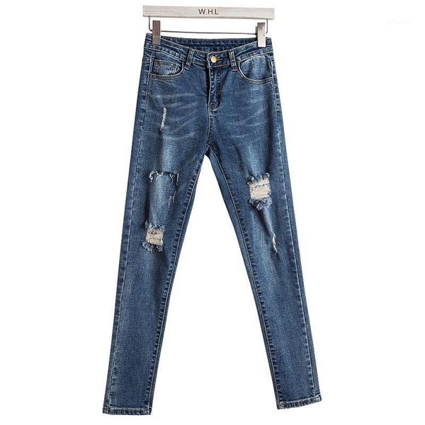 

women's jeans 2021 ultra stretchy blue tassel ripped woman denim pants trousers for women pencil skinny