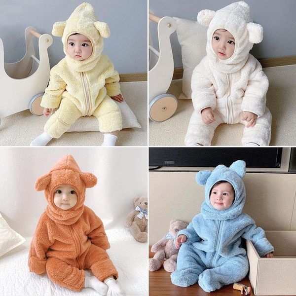 

jumpsuits born clothes for baby girls boys rompers winter warm fleece zipper outfit infant with hat, Blue