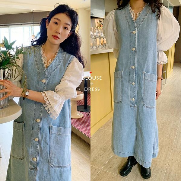 

casual dresses korea women dress sets 2021 korean versatile lace flared sleeve shirt and single breasted loose pocket denim vest skirt suit, Black;gray
