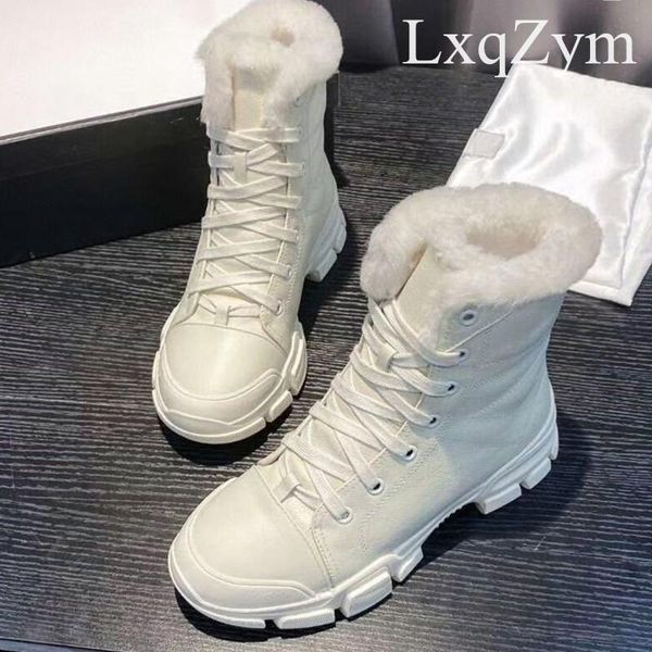 

boots genuine leather lacing up round toe platform motorcycle shoes ladies wool plush brand classic female short booties, Black