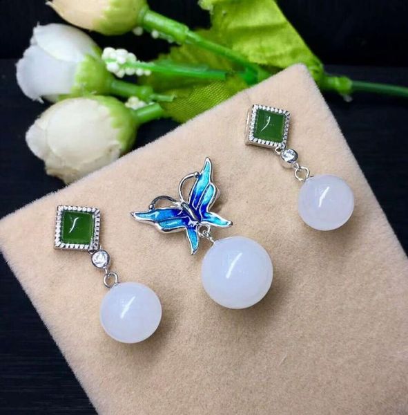 

bracelet, earrings & necklace hetian baiyu silver inlay set white jade bead two-piece h5#, Black