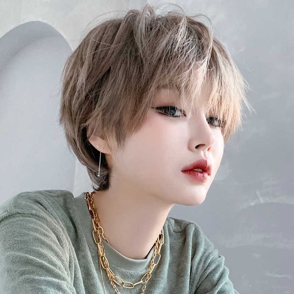 

wig neutral handsome short hair female natural wig ffy head set, Black