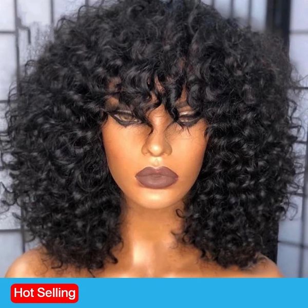 

short curly bob lace front human hair wigs with bangs brazilian 13x4 synthetic frontal wig for black women