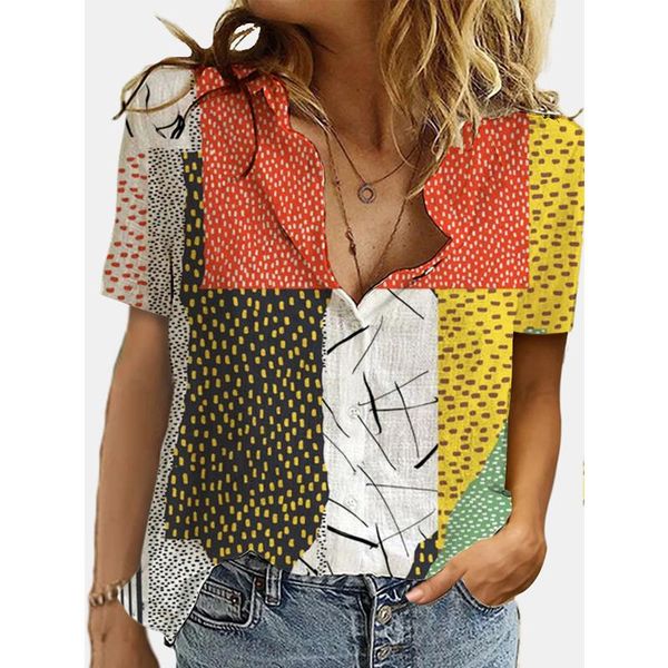 

women's blouses & shirts summer elegant women printed clothes short sleeve turn down collar button up office lady casual blusas mujer, White