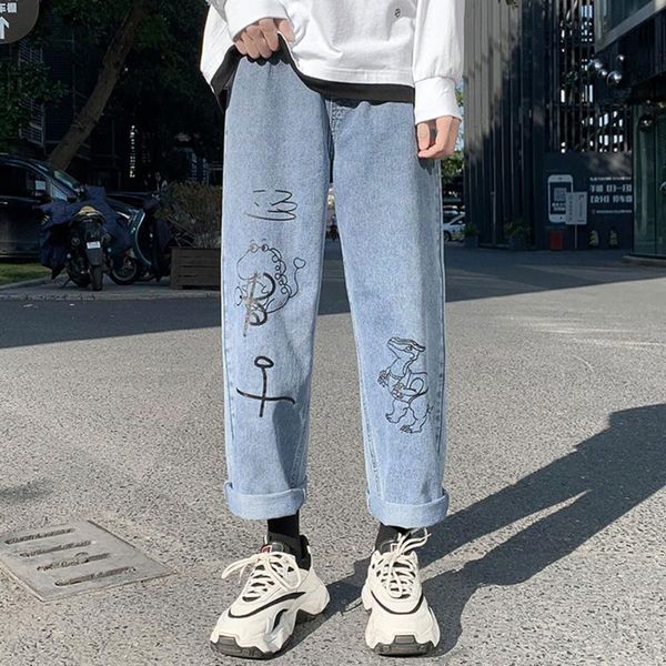 

fashion mens casual vintage washed drawstring waist cartoon print loose fit harajuku urban style dad denim jeans pants men's, Blue