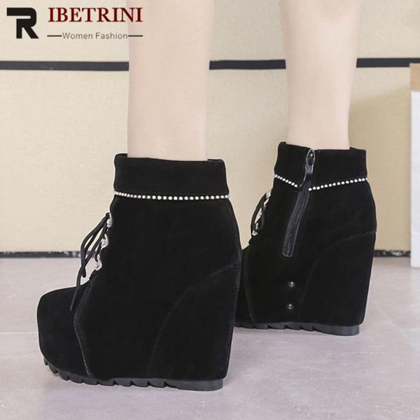 

boots ribetrini women shoes balck lace up zipper round toe short plush wedges comfy quality winter, Black