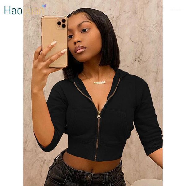 

women's jackets haoyuan fashion crop long sleeve zip hoodies women fall winter clothes streetwear pocket night club ladies coat, Black;brown