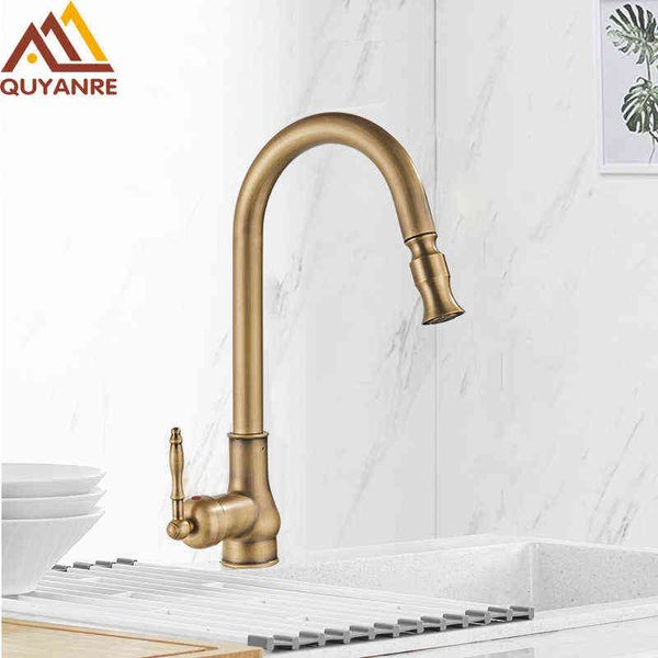 Quyanre Bronze Antique Pull Out Faucet de Cozinha Frio Water Mixer Guindaste para Casa de Banho 360 Rotação Misturador Cozinha Torneira Basin Taps 210724