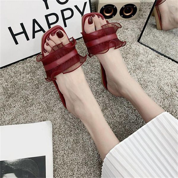 

slippers cootelili women summer slip on shoes 2021 fashion lace trimmings flats red casual, Black