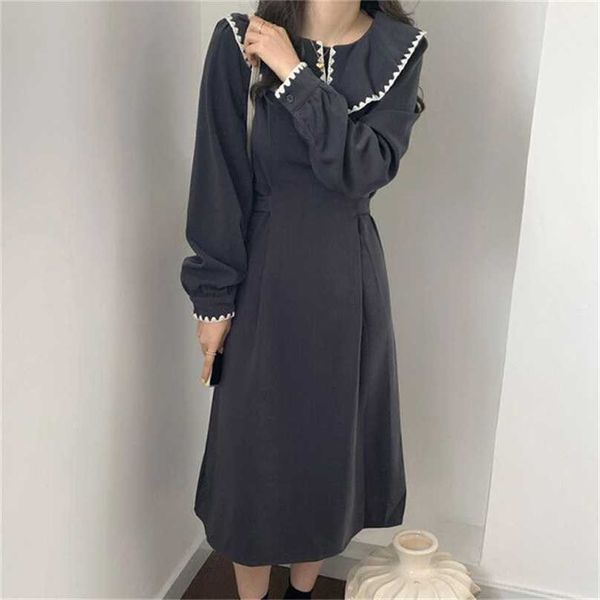 

prom peter pan collar sweet stylish autumn slim party femme lady ol long dresses vestidos 210525, Black;gray