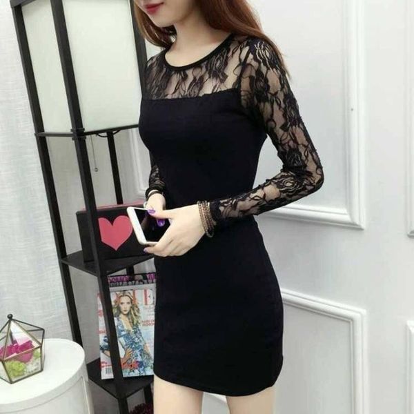 

casual dresses for women long sleeve black lace dress ladies splice o neck club fitting slim #p2, Black;gray