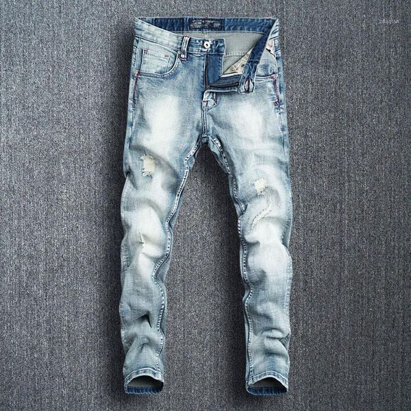 

men's jeans fashion streetwear men light blue destroyed ripped baggy pants italian vintage designer homme