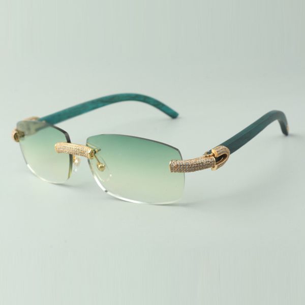 Direktverkauf: Mikropavé-Diamant-Sonnenbrille 3524026 mit blaugrünen Naturholzbügeln, Designerbrille, Größe: 56–18–135 mm