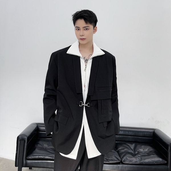 

men's suits & blazers men metal button streetwear trend casual loose black white jacket male vintage fashion harajuku coat blazer dg01, White;black