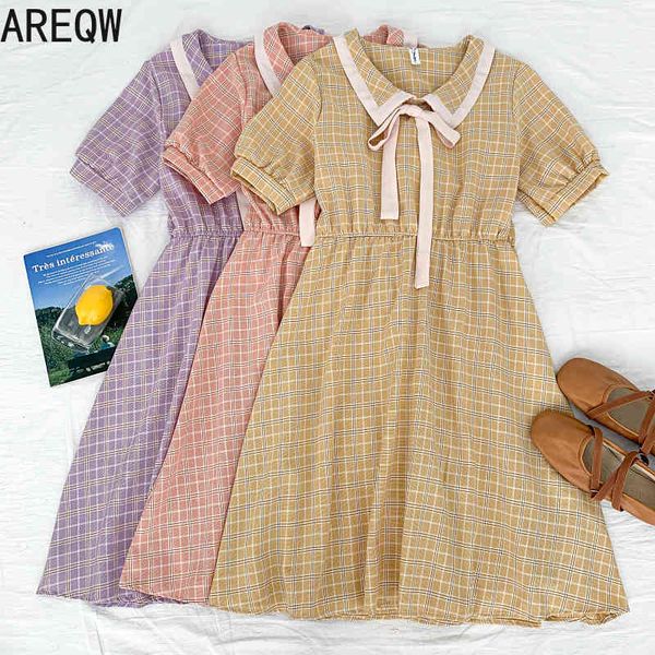 

summer fashion all-match hit color lace bow doll collar plaid high waist slim dress female 210507, Black;gray