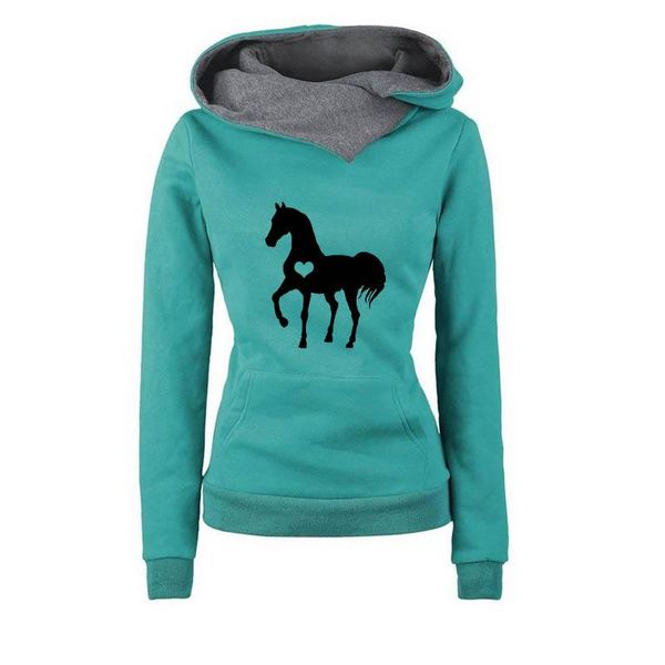 

women's hoodies & sweatshirts winter autumn women horse printing lapel hoody sweatshirt casual streetwear soft coton female clothing, Black