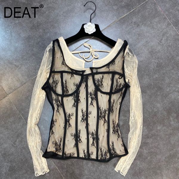 

spring long sleeve o neck back drawstring lace patchwork blouse women streetwear transparent hr468 210525, White