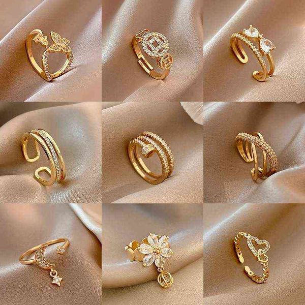 

charming 14k real gold double ring opening rings for women adjustable design beautiful jewelry shiny aaa zircon party gifts new g1125, Slivery;golden