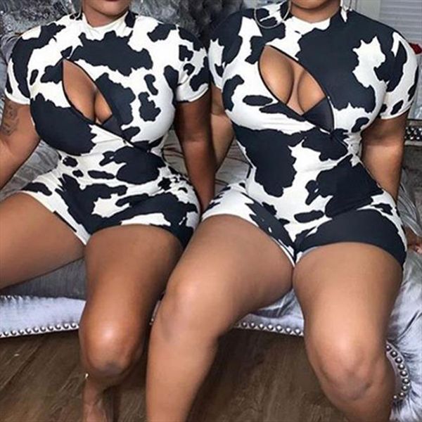 

summer streetwear trendy cow womens jumpsuits print short sleeve zipper cutout o neck unique skinny playsuit style, Black;white