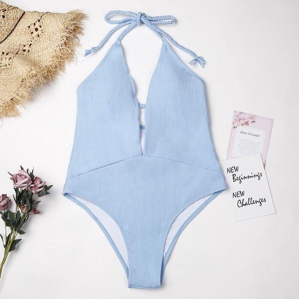 

one-piece suits bikini women swimwear v-neck rib blue braided bandage 1piece