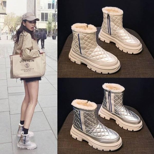 

boots 2021 snow women's cotton shoes winter fashion the wild plus velvet thickening non-slip warm zip martn tide, Black