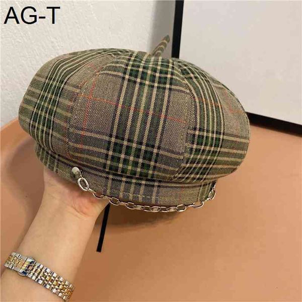 

202103-yy new spring britain plaid academic style chain beret hat men women leisure painter hat, Blue;gray
