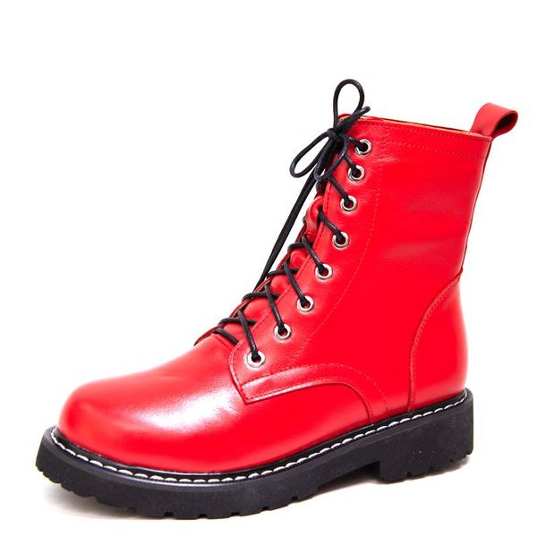 

leather ankle boots women autumn winter lowland square heels cross strap shoes g325 woman round toe lace up black red short boot