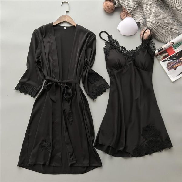 

kimono robe set women bathrobe gown nightwear lace wedding short home clothing casual satin intimate lingerie women's sleepwear, Black;red