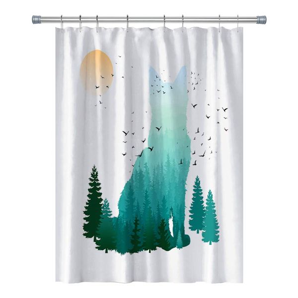 

rv shower curtains forest mountain sunrise wolf, cloth fabric bathroom decor set with hooks (blue, 47wx64h inches)