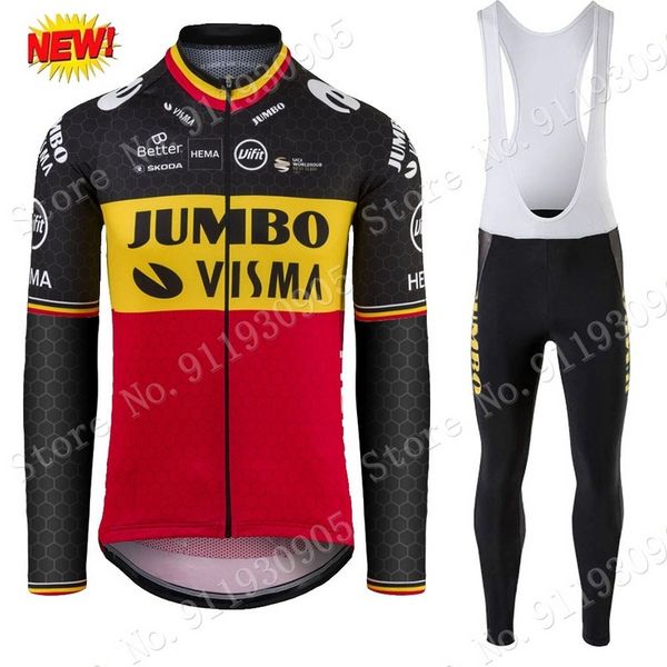 

belgium champion jumbo visma 2021 team summer cycling jersey set clothing suit long sleeve mtb bike road pants bib maillot ropa, Black;red