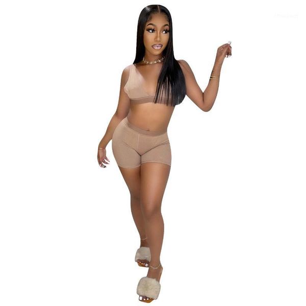 

women's tracksuits bra and pants 2 pcs sport set women two piece outfits sleeveless tank crop skinny shorts party night club wear, Gray