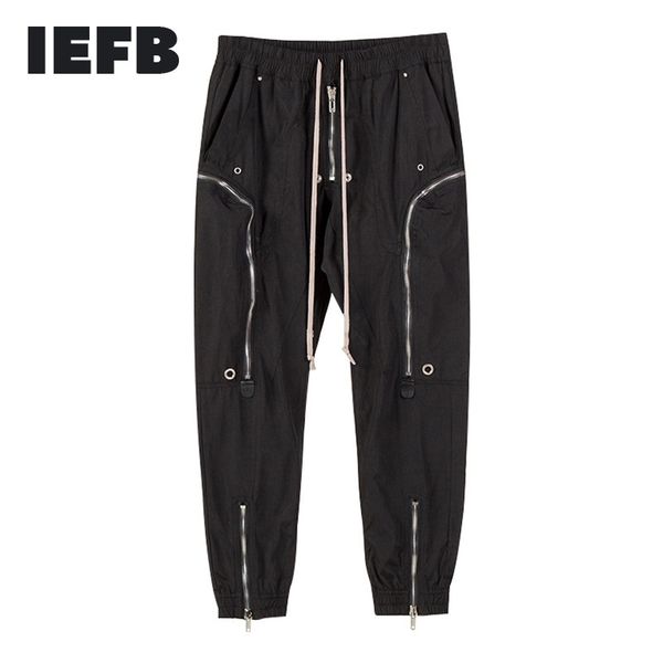 IEFB Hoge Kwaliteit Mannelijke Broek Streetwear Multi Rits Trend mannen Casual Broek Trekkoord Elastische Taille Enkellange Broek 210524