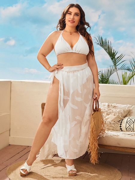 

3pack plus plain rib triangle bikini swimsuit & beach skirt 46qg#, Black
