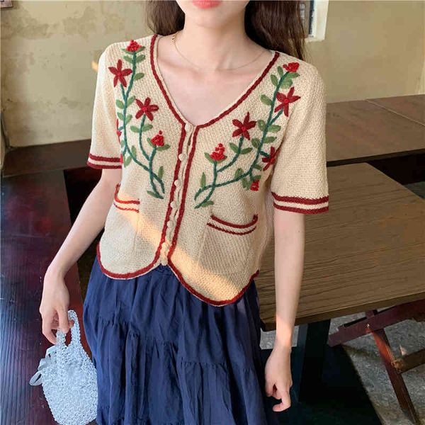 

knits crochet crop women summer v-neck single breasted sleeve cardigan short sweater, White