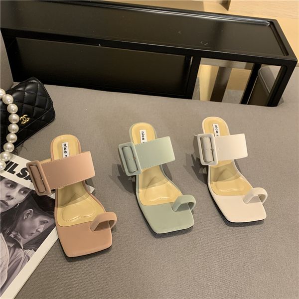 

fashion women slippers clip toe solid color slip on thin high heels summer dress pumps belt buckle ladies sandals slides pumps 210513, Black