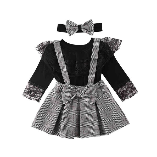 Black Lace T-Shirt and Plaid Ruffles Skirt set in for Toddler Girls Aged 1-6 Years - Perfect for Spring Costumes (210515)